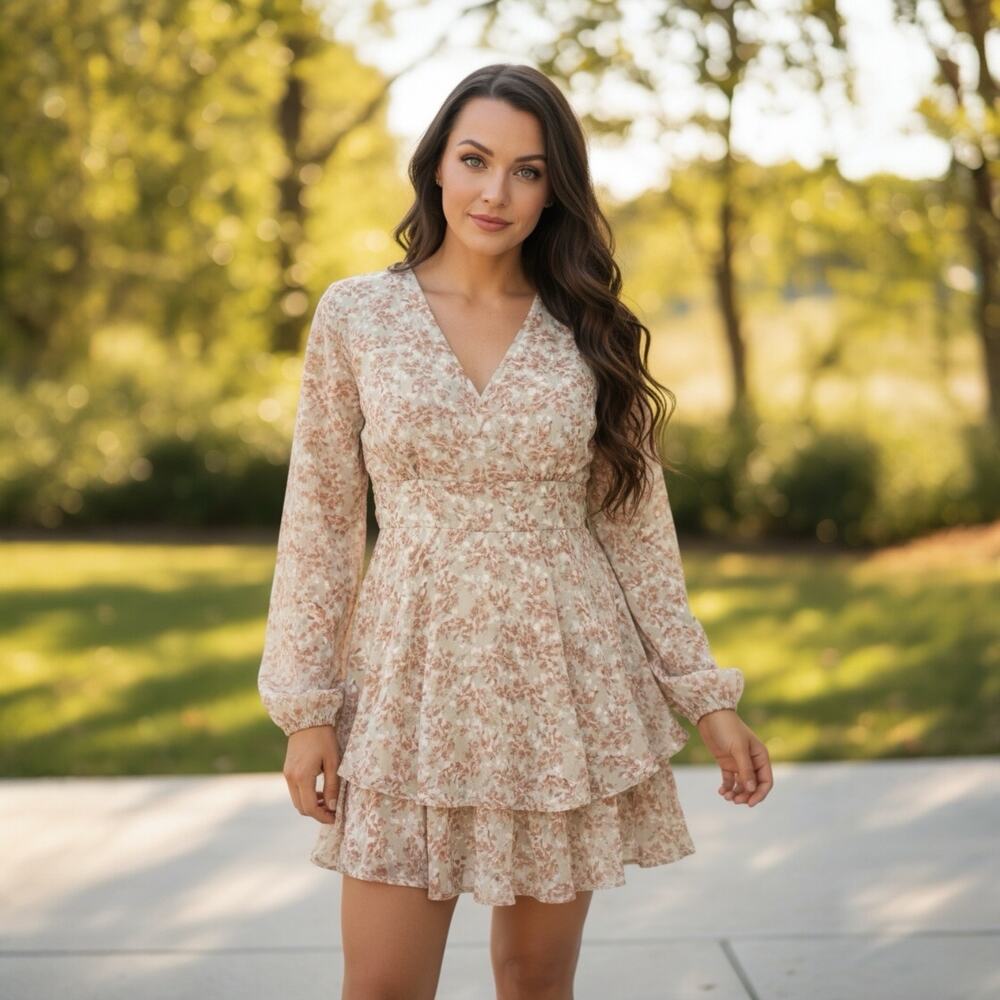 Japna Sage Green Floral Cottagecore Mini Dress Long Sleeve Ruffle Small
